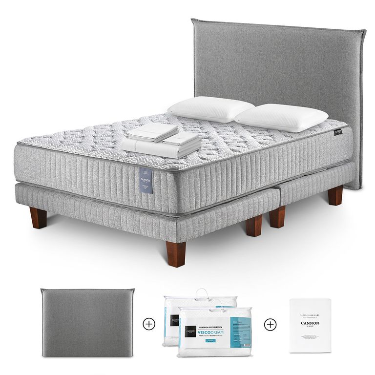Cama Box Spring Hybrid Visco 2 Plazas x 2.00 mt + Almohada Visco Dream + Sábanas 180 Hilos + Respaldo Orleans +