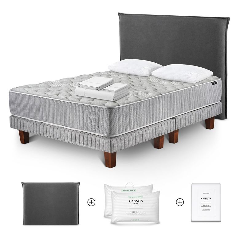 Cama Box Spring Hybrid Wool 2 Plazas x 2.00 mt + Almohada Premium Dobby + Sábanas 300 Hilos + Respaldo Lino Gris +