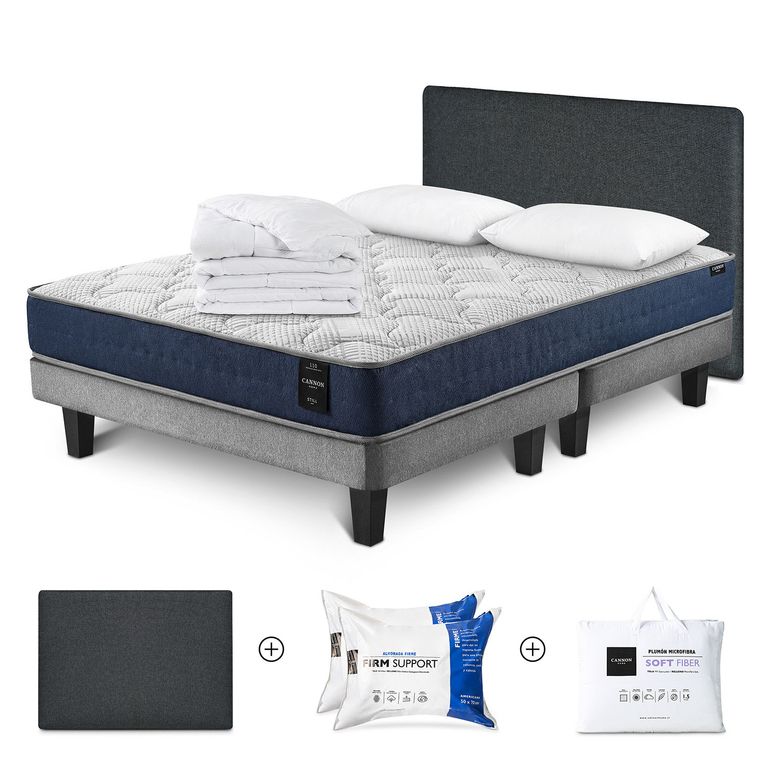 Cama Box Spring New Still 2 Plazas x 2.00 mt + Almohada AF + Duvet Soft Fiber + Respaldo Kir +
