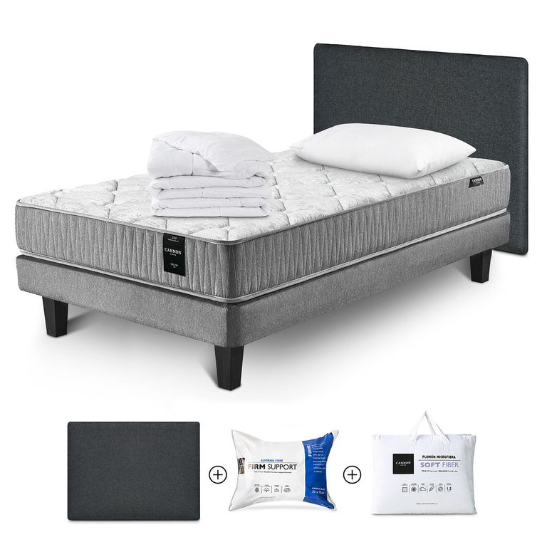 Cama Box Spring Calm 1.5 Plazas x 2.00 mt + Almohada Firm Spp + Duvet Soft Fiber + Respaldo Kir +
