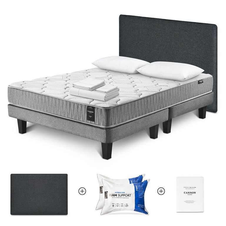 Cama Box Spring I-Rest 2 Plazas x 2.00 mt + Almohada Firm Support + Sábanas 180 Hilos + Respaldo Kir +