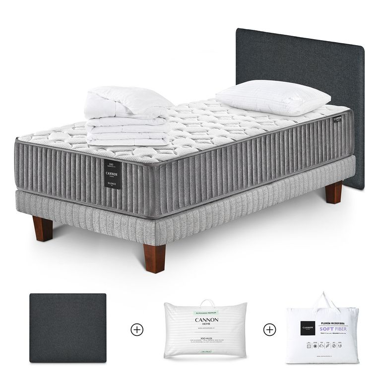 Cama Box Spring Silence 1.5 Plazas x 2.00 mt + Almohada Premium Dobby + Duvet Soft Fiber + Respaldo Kir +