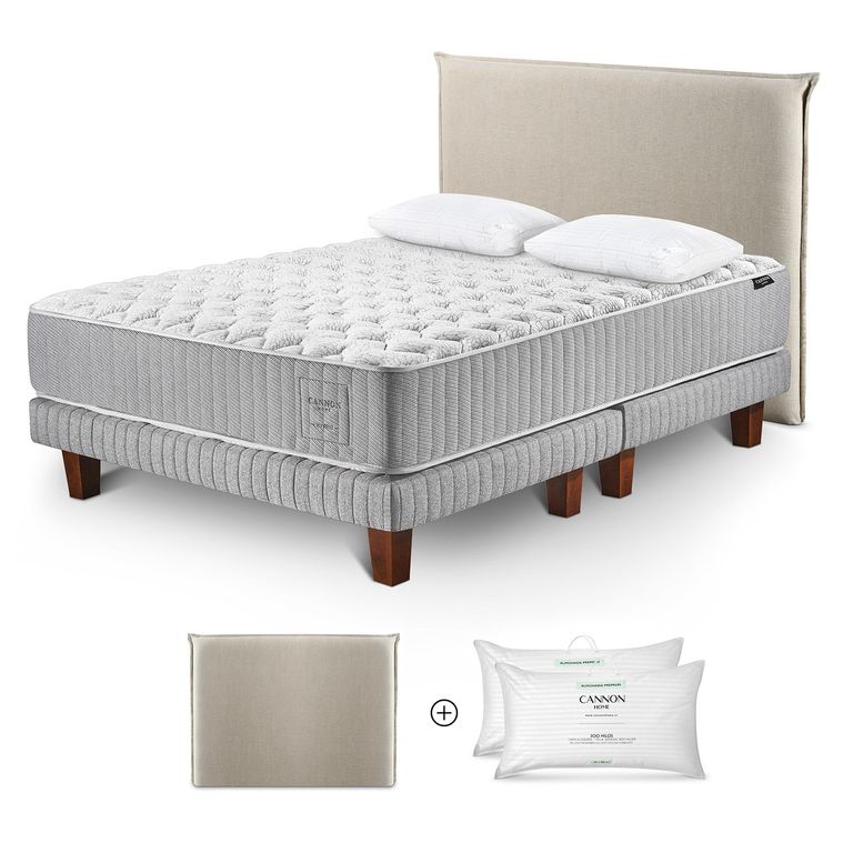 Cama Box Spring Hybrid Cotton King x 2.00 mt + Almohada Premium Dobby + Respaldo Lino Beige +
