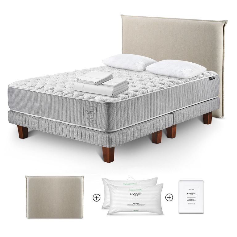 Cama Box Spring Hybrid Cotton King x 2.00 mt + Almohada Premium Dobby + Sábanas 300 Hilos + Respaldo Lino Beige +