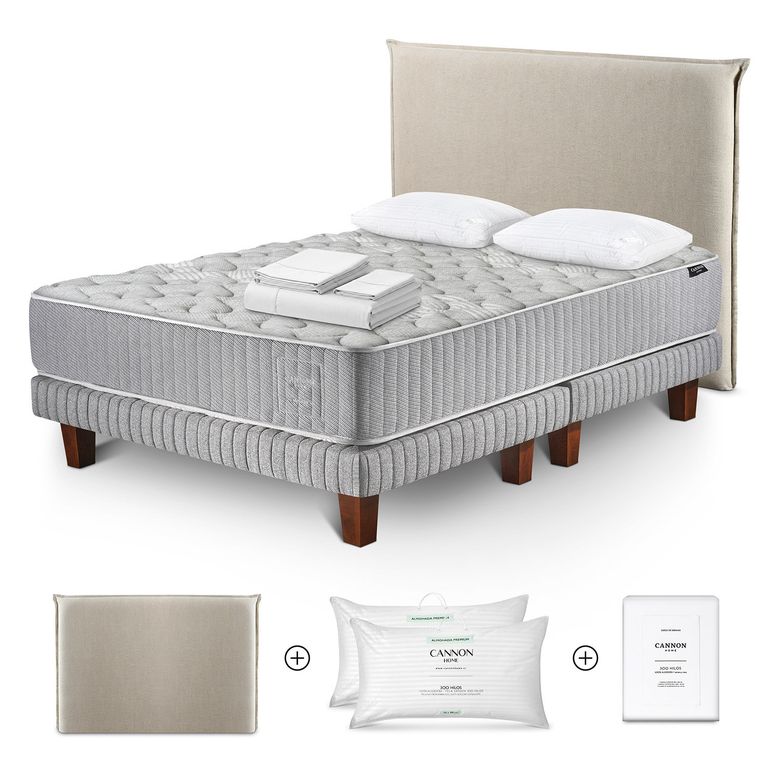 Cama Box Spring Hybrid Wool King x 2.00 mt + Almohada Premium Dobby + Sábanas 300 Hilos + Respaldo Lino Beige +