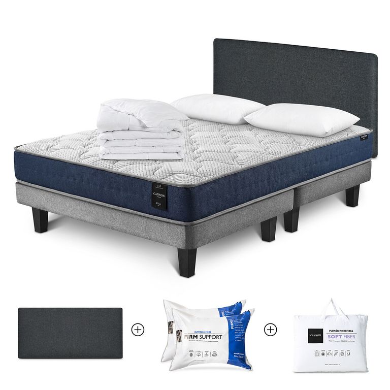 Cama Box Spring New Still 2 Plazas x 2.00 mt + Almohada AF + Duvet Soft Fiber + Respaldo Wall +