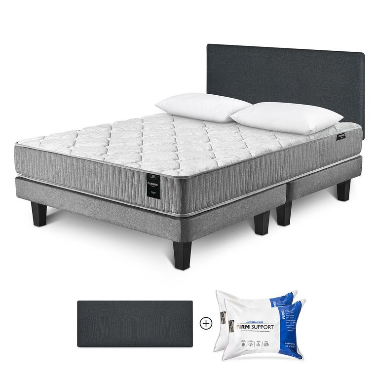 Cama Box Spring Calm 2 Plazas x 2.00 mt + Almohada Firm Support + Respaldo Wall Marengo +