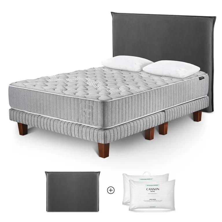 Cama Box Spring Hybrid Wool 2 Plazas x 2.00 mt + Almohada Premium Dobby + Respaldo Lino Gris +