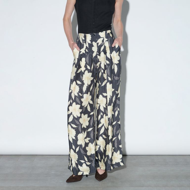Pantalón Wide Leg Estampado Flores Mujer