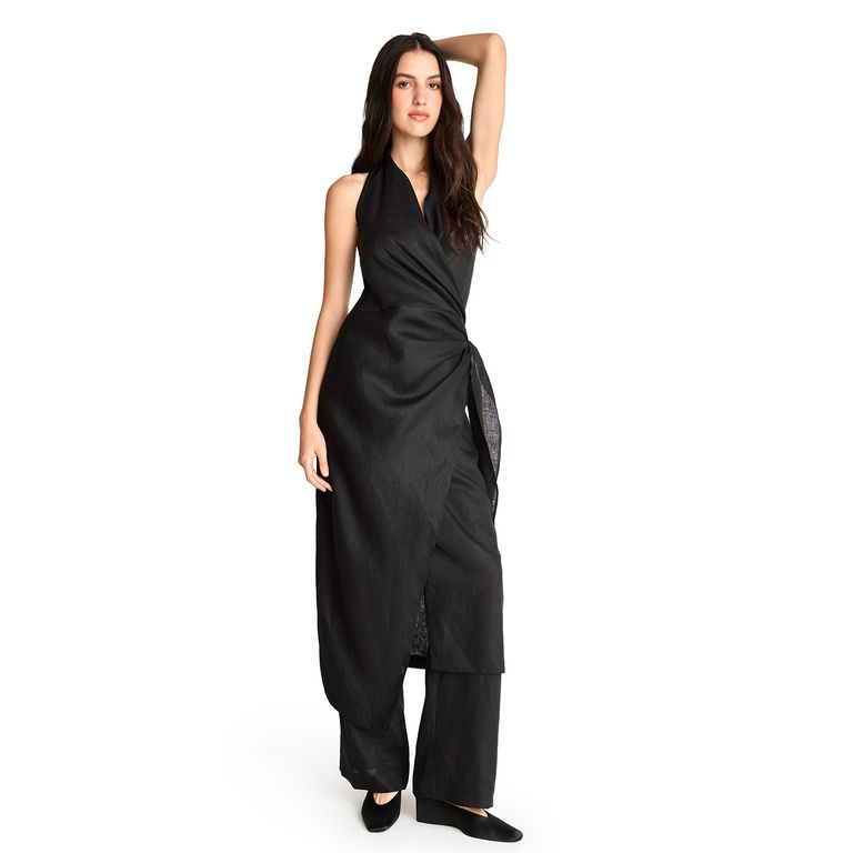 Vestido Largo Lino Escote V Mujer