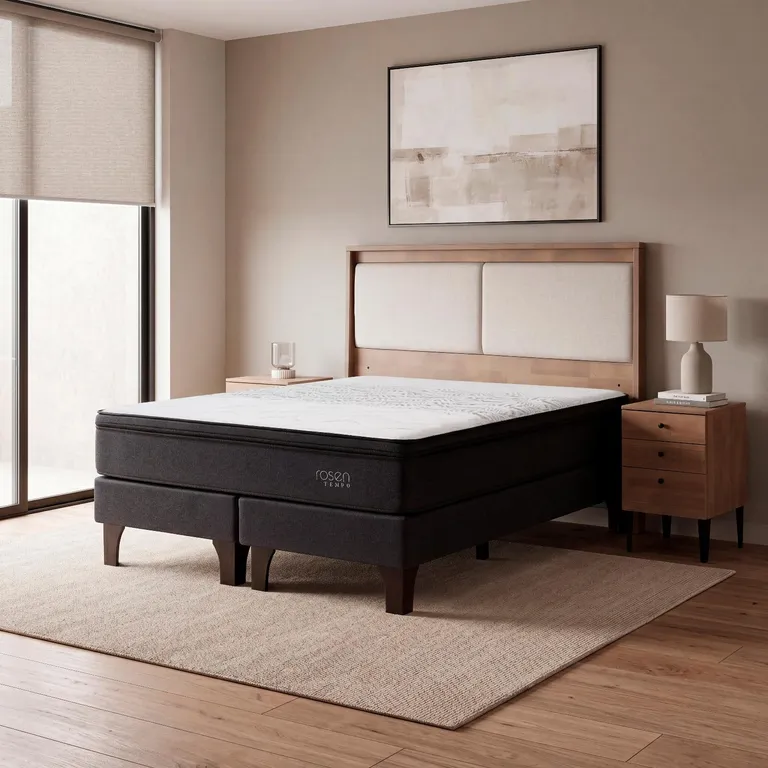 Cama Europea Tempo King x 2.00 mt Base Dividida + Respaldo + 2 Veladores