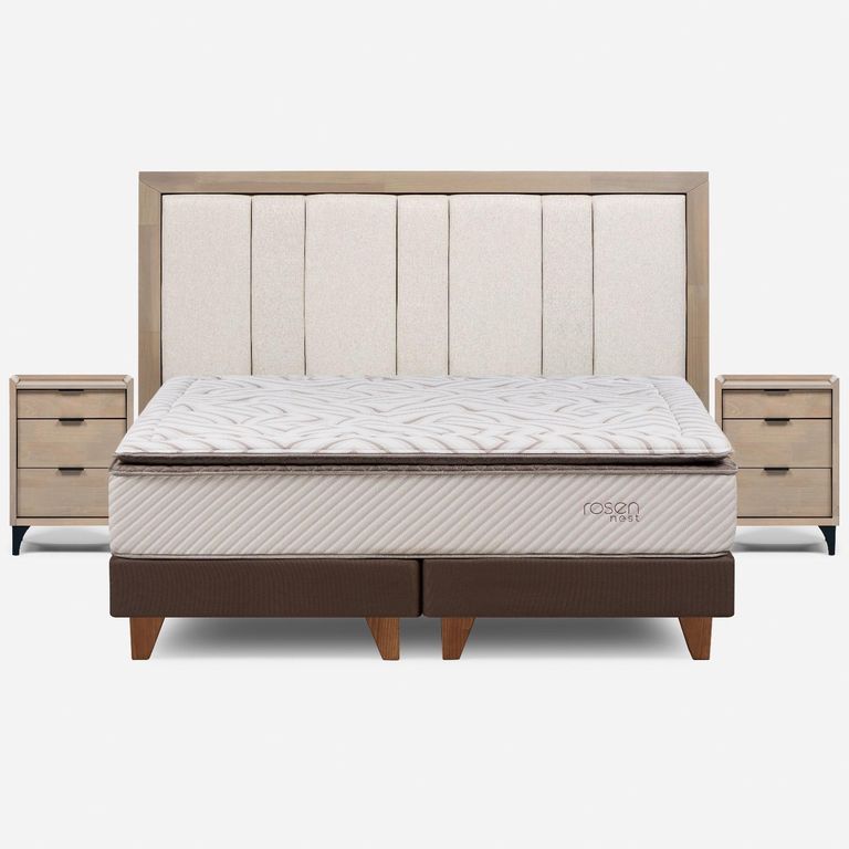 Cama Europea Nest King X 2.00 CM Base Dividida + Respaldo + 2 Veladores