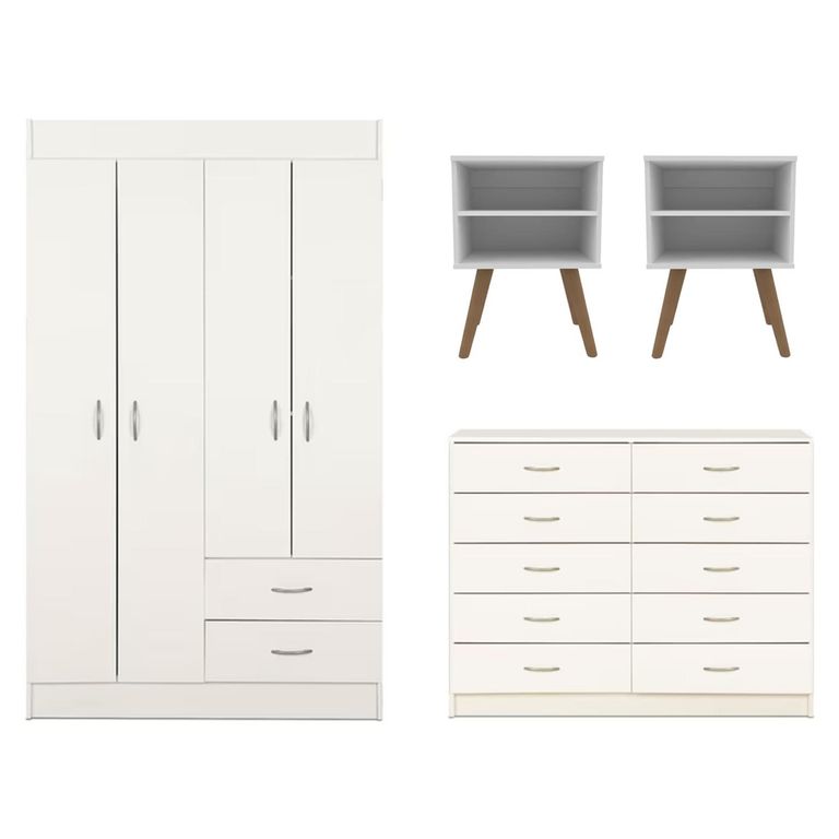 Clóset 4 Puertas 2 Cajones+ 2 Veladores+Cómoda 10 Cajones Blanco