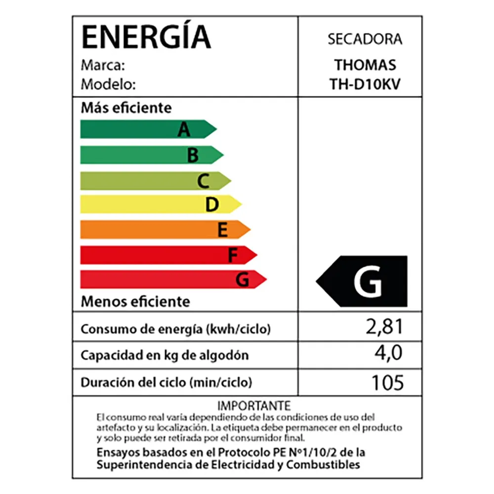 Secadora Eléctrica 10Kg Evacuación TH-D10KV, foto 8