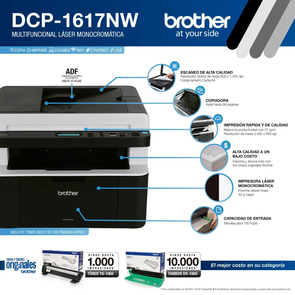 Impresora Multifuncional Láser DCP1617NW Monomocromática WiFi ADF Ethernet, foto 3