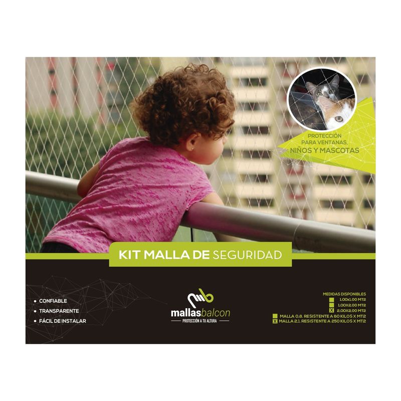 MALLAS BALCON - Kit Malla Seguridad 2X2 Metros 2,1mm Forte