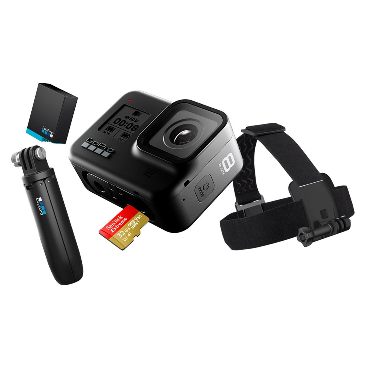 GOPRO - GoPro Hero 8 Black Bundle (Empuñadura Shorty, correa para la cabeza, tarjeta 32 GB y batería de repuesto)
