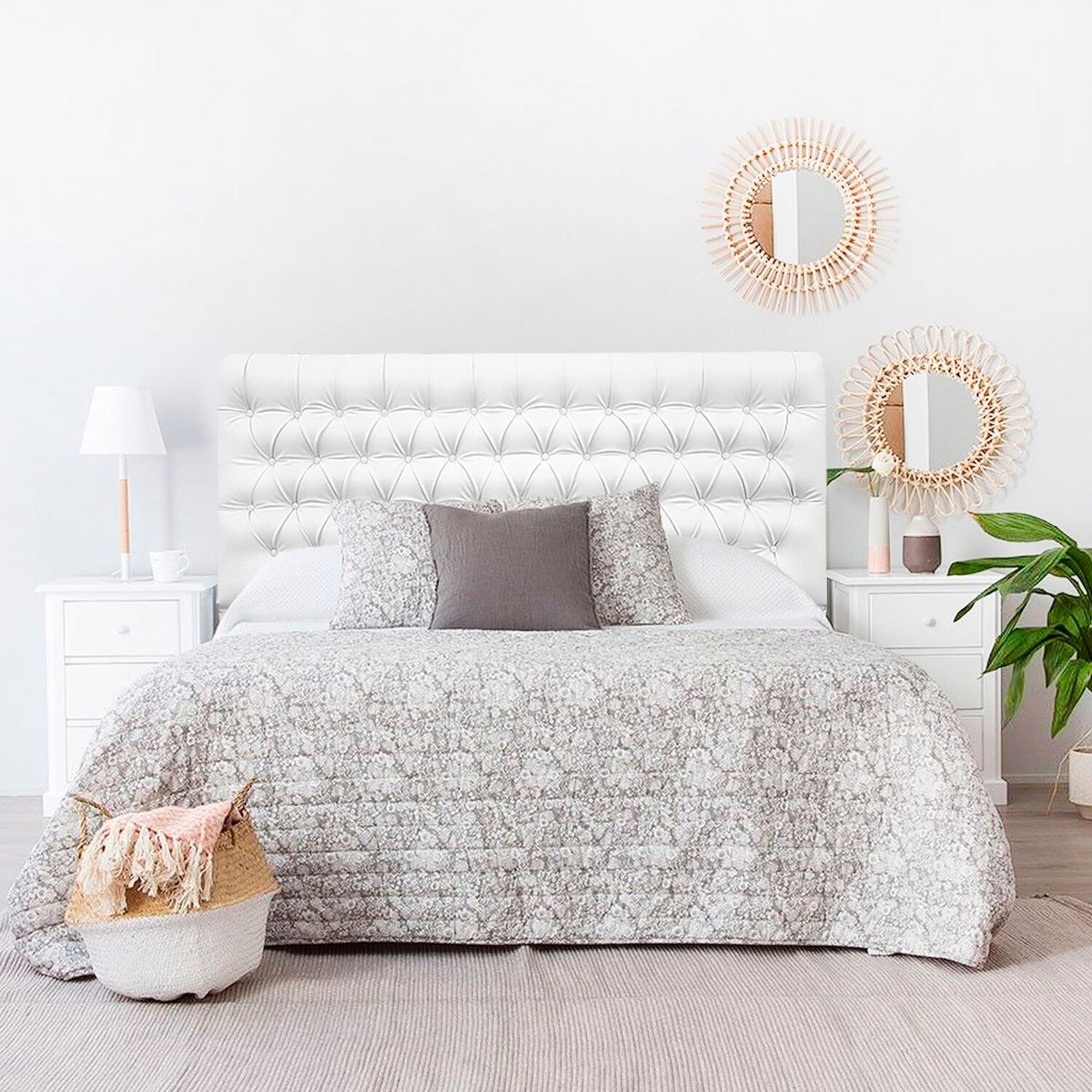 ESPACIO HOGAR - Respaldo de Cama Capitoné Ecocuero Blanco 1,5 Plazas