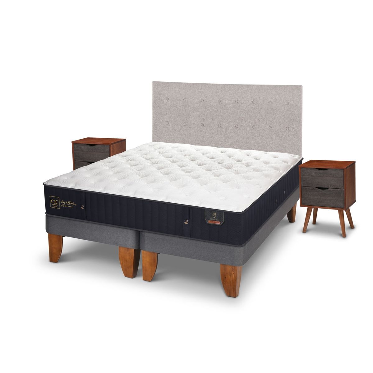CIC - Cama Europea Premium  King x 2.00mt Base Dividida + Respaldo + 2 Veladores Cic