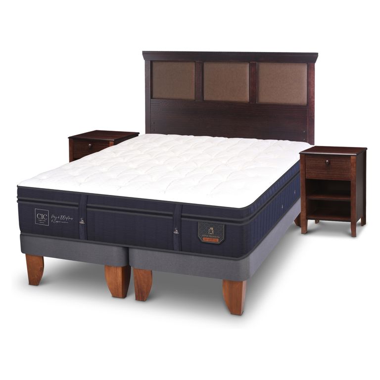 CIC Cama Europea Super Premium 2 Plazas x 2.00mt Base Dividida + Respaldo + 2 Veladores