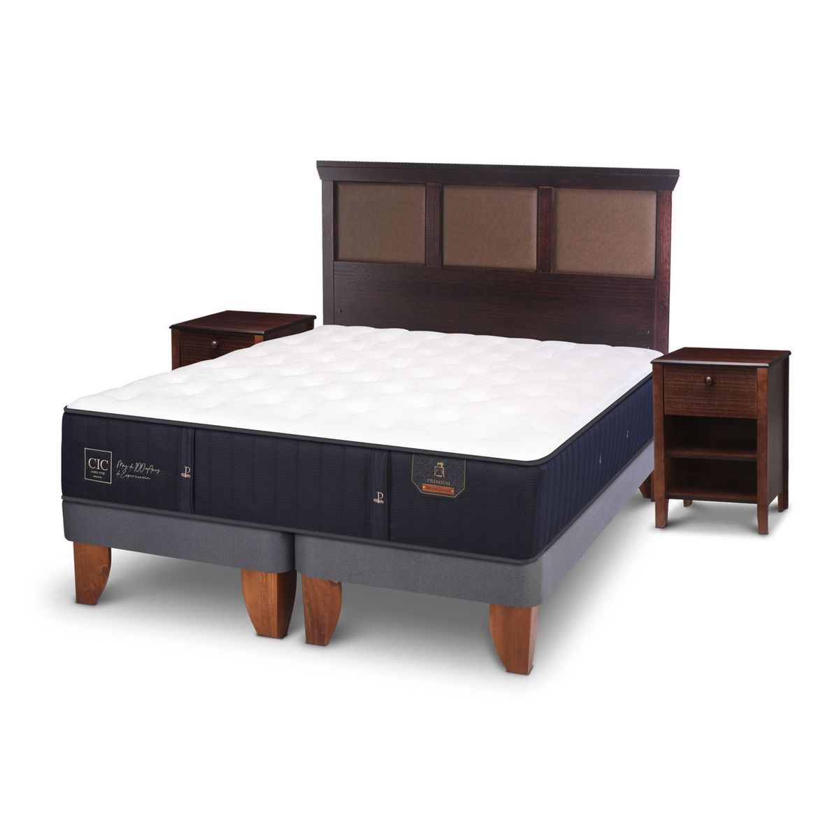 CIC - Cama Europea Premium  King x 2.00mt Base Dividida + Respaldo + 2 Veladores Cic