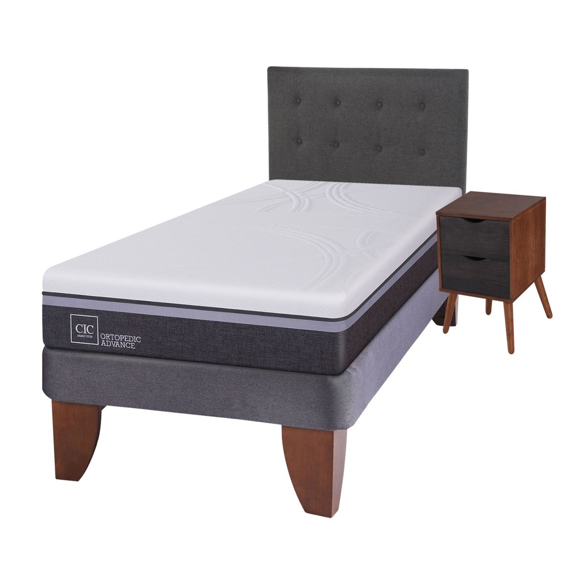 CIC - Cama Europea Ortop Adva 1.5 Plazas + Respaldo + 1 Velador Cic