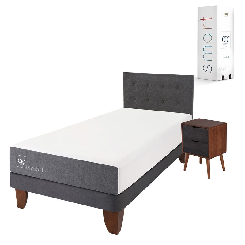 CIC - Cama Europea Smart 1.5 Plaza + Respaldo + 1 Velador Cic