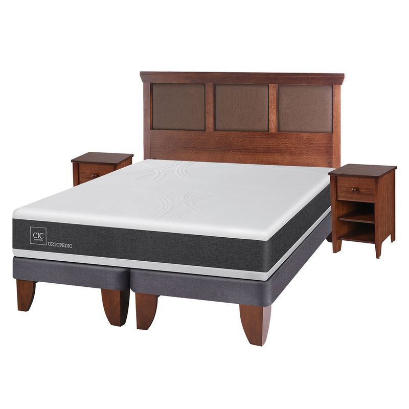 CIC - Cama Europea Newortoped King + Respaldo + 2 Veladores Cic