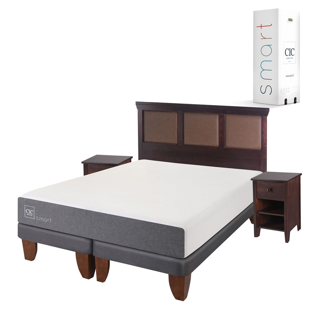 CIC - Cama Europea Smart 2 Plazas Base Dividida + Muebles New Torino Chocolate Cic