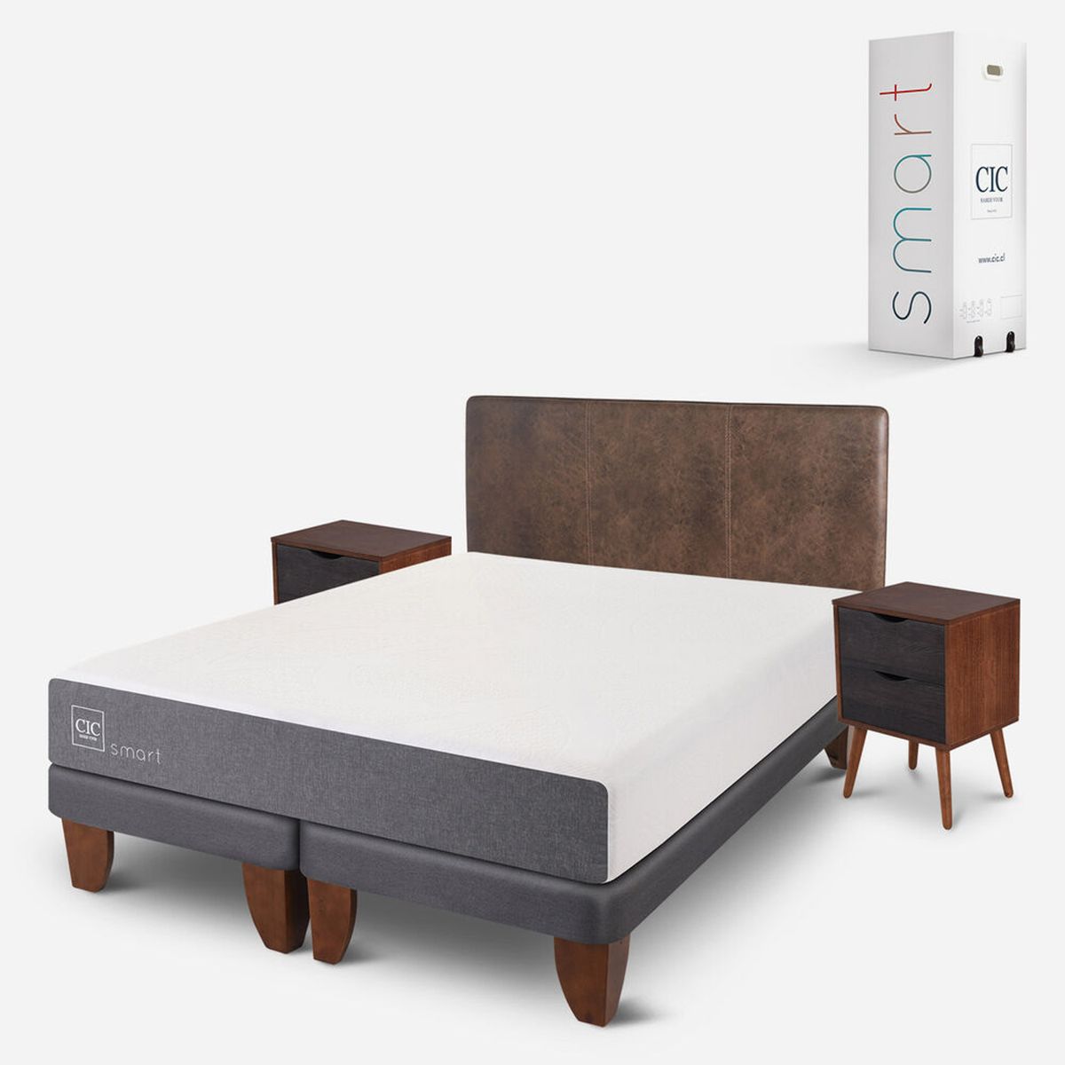 CIC - Cama Europea Smart 2 Plazas Base Dividida + Muebles Baker   Cic