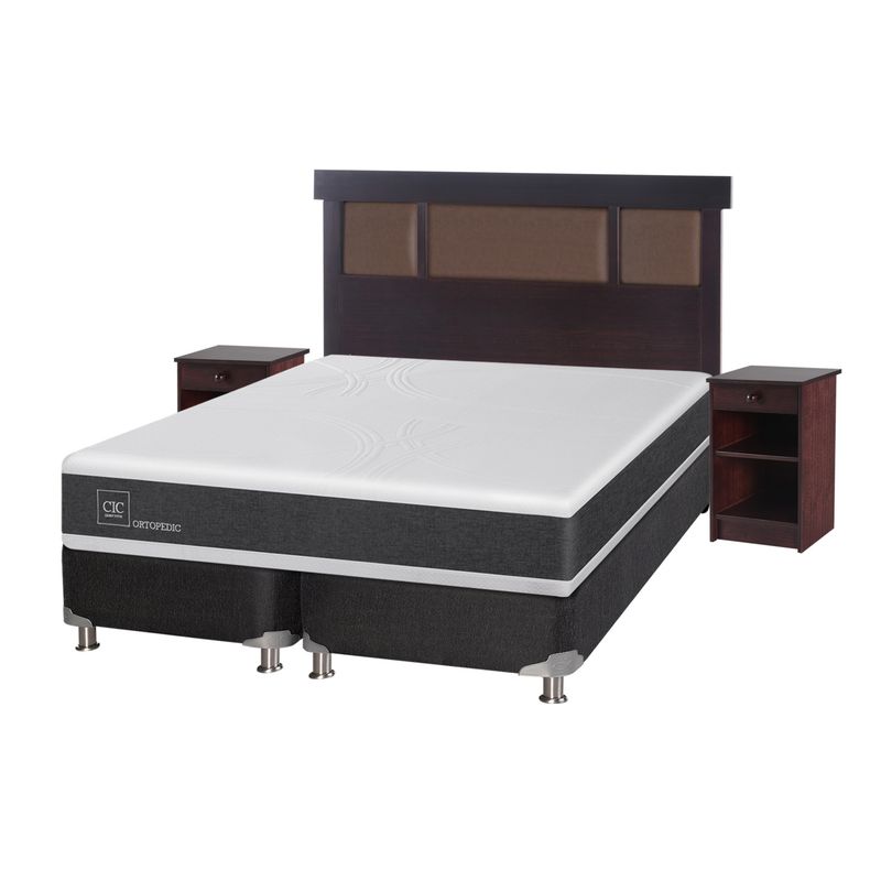 CIC - Box Spring Newortoped10 2 Plazas + Respaldo + 2 Veladores CIC