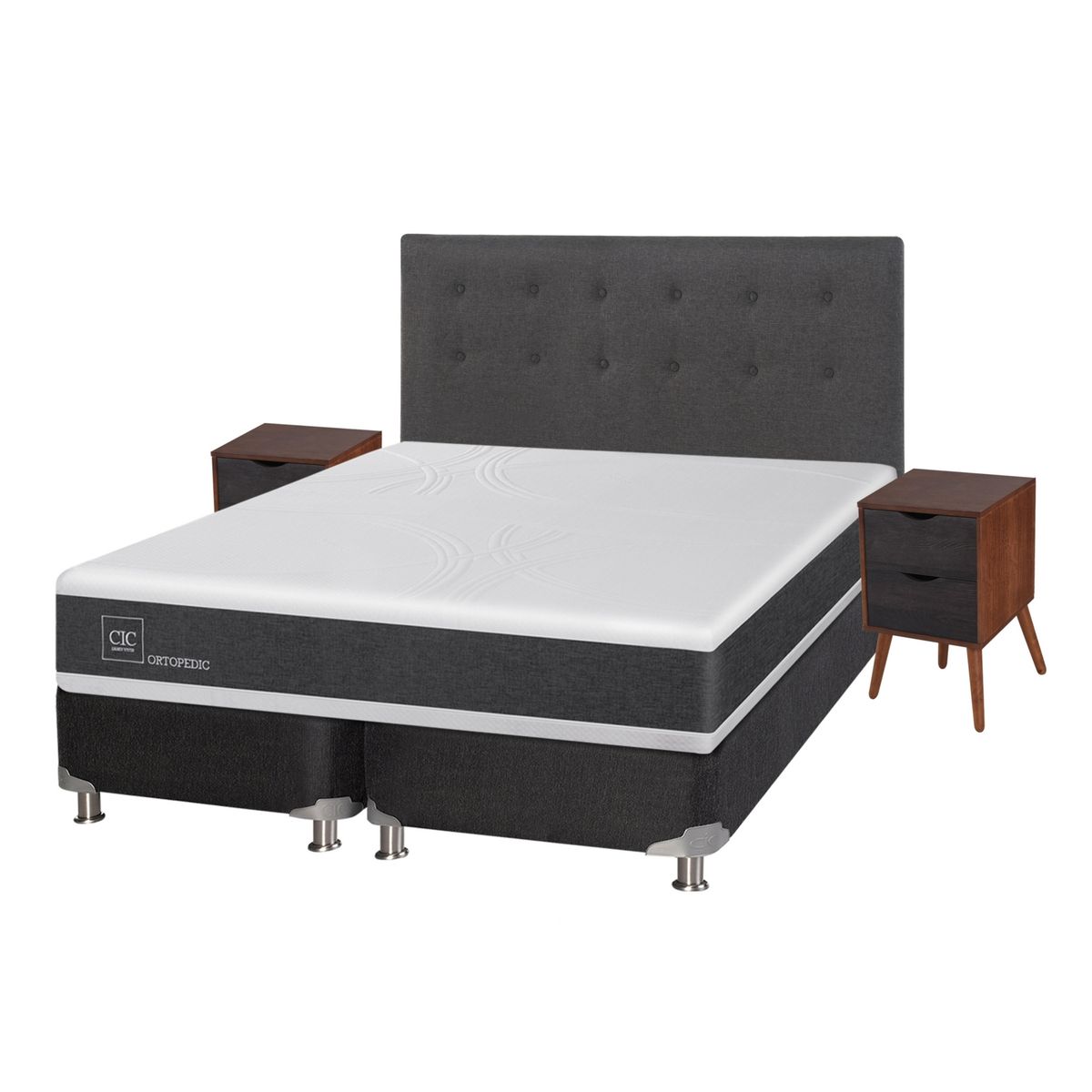 CIC - Box Spring NewOrtopediced28 2 Plazas + Respaldo + 2 Veladores CIC