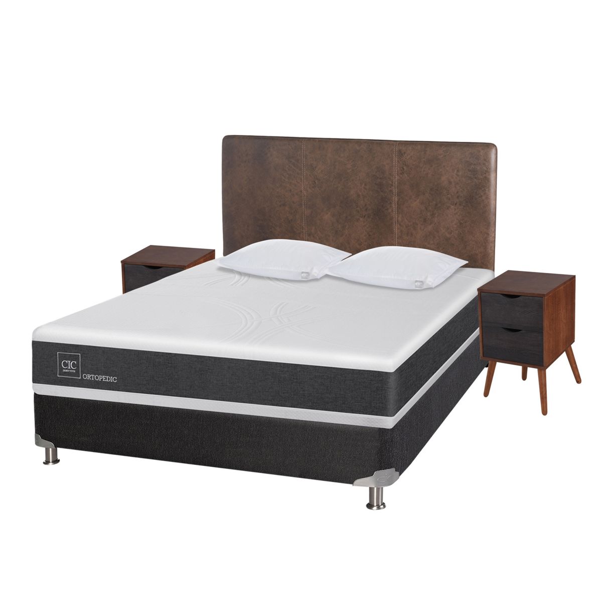 CIC - Box Spring New Ortopedic B5 2 Plazas Base Normal + Muebles Baker + Almohadas Cic