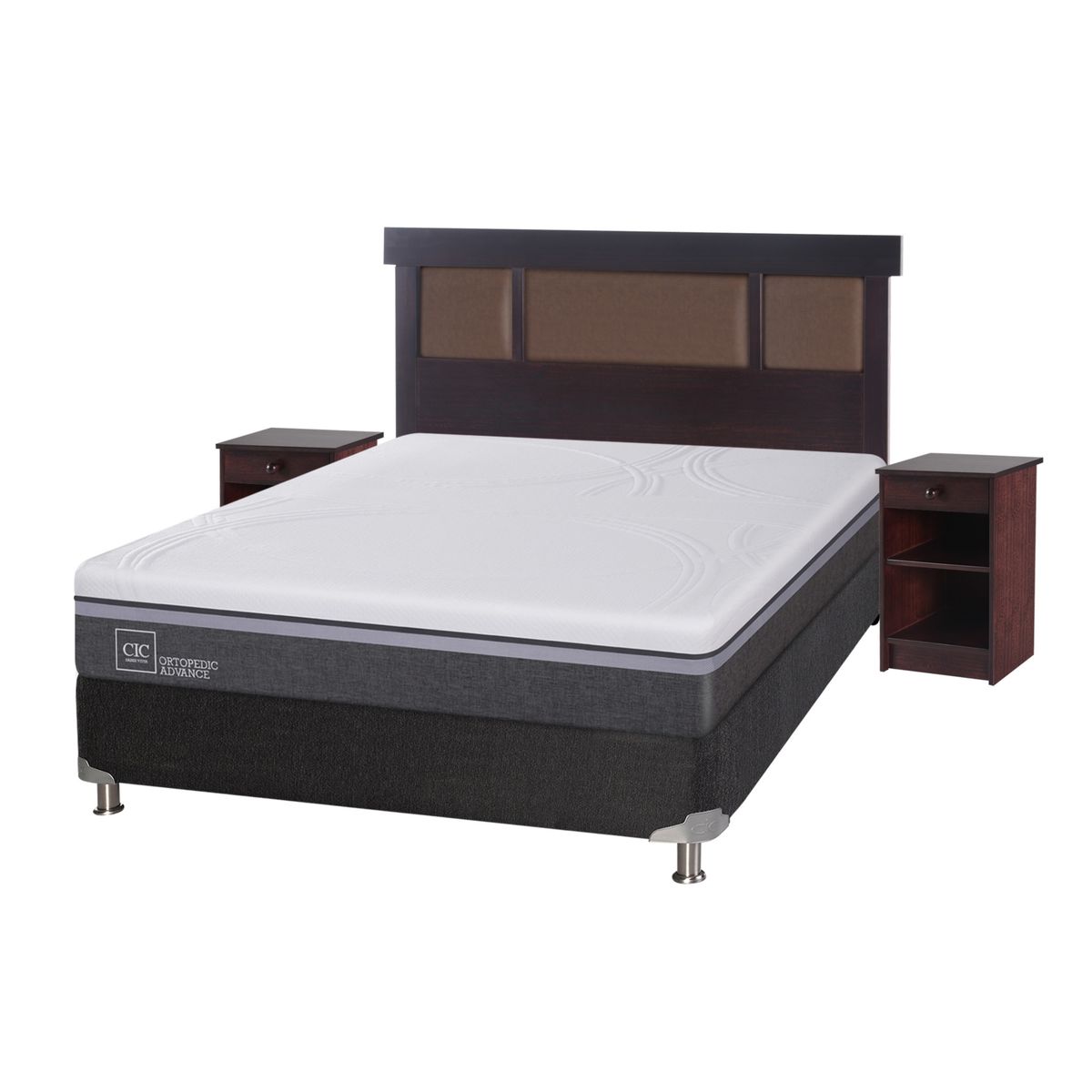 CIC - Box Spring Ortop Adva9 2 Plazas + Respaldo + 2 Veladores CIC