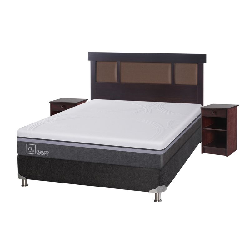 CIC - Box Spring Ortop Adva9 2 Plazas + Respaldo + 2 Veladores CIC