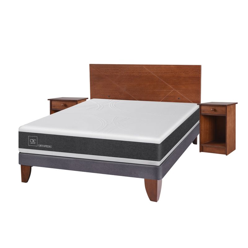 CIC - Cama Europea Newortoped55 2 Plazas + Respaldo + 2 Veladores Cic