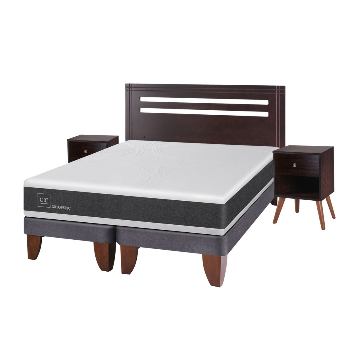 CIC - Cama Europea NewOrtopediced60 2 Plazas + Respaldo + 2 Veladores Cic