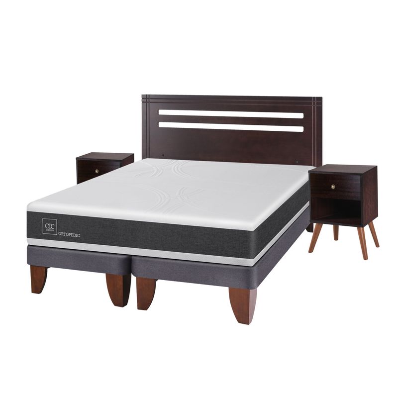 CIC - Cama Europea Newortoped60 2 Plazas + Respaldo + 2 Veladores Cic