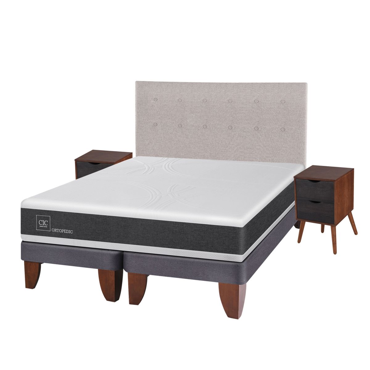 CIC - Cama Europea Ortopedic 2 Plazas x 2.00mt Base Dividida + Respaldo + 2 Veladores Cic