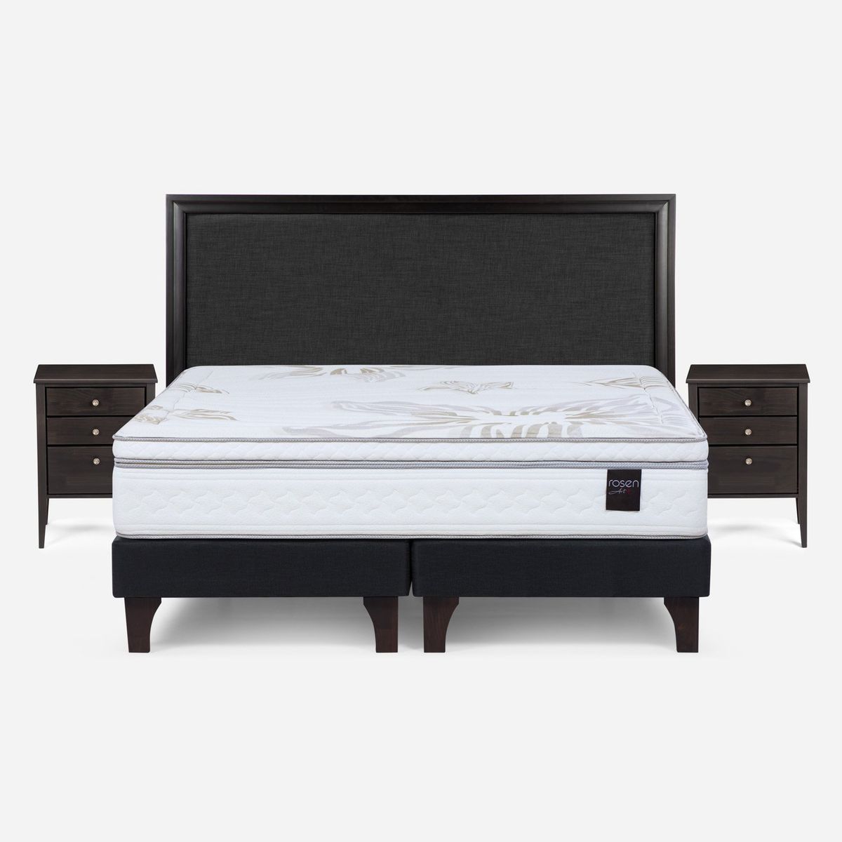ROSEN - Cama Europea Art 4 King x 2.00mt Base Dividida + Respaldo + 2 Veladores Rosen