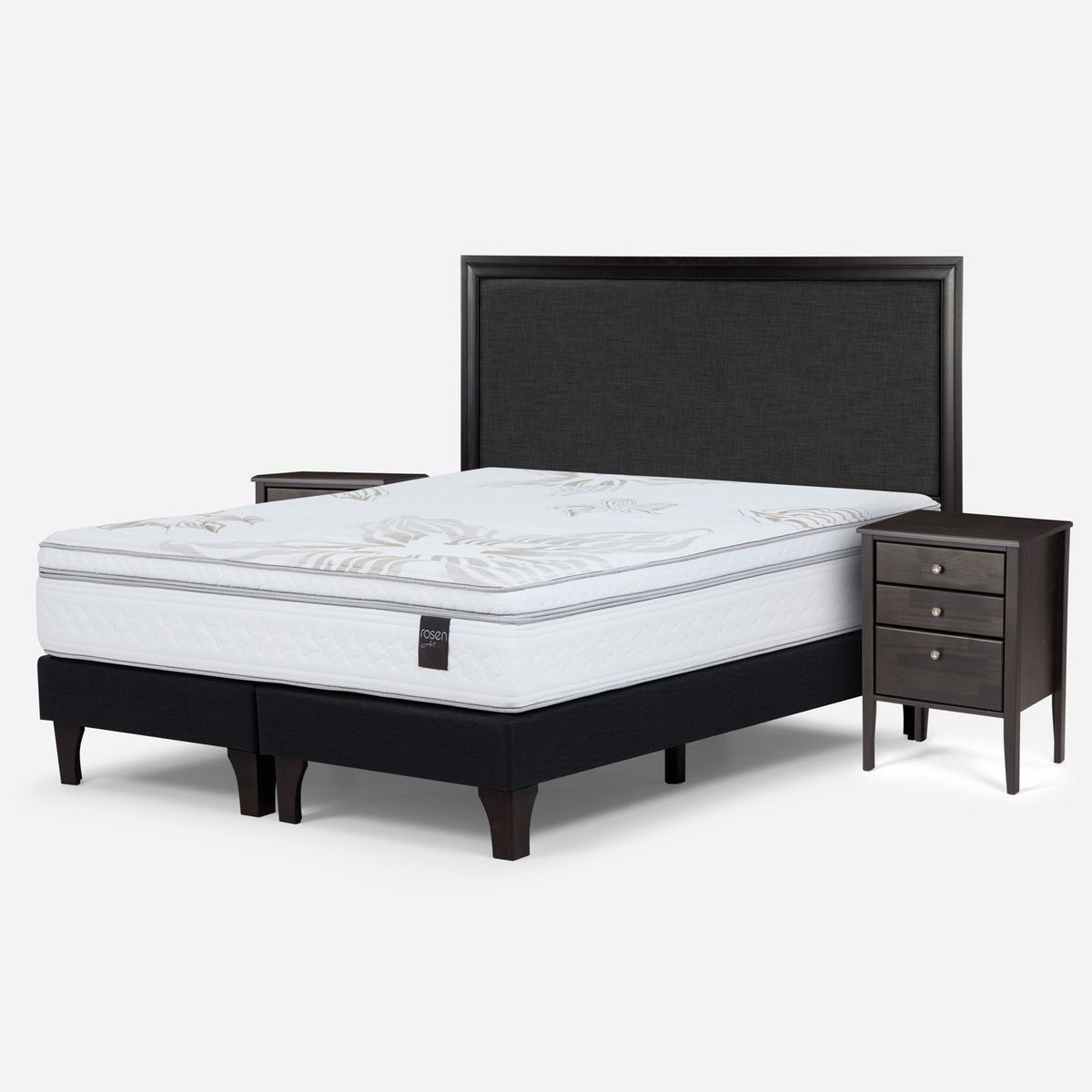 ROSEN - Cama Europea Art 4 King x 2.00mt Base Dividida + Respaldo + 2 Veladores Rosen
