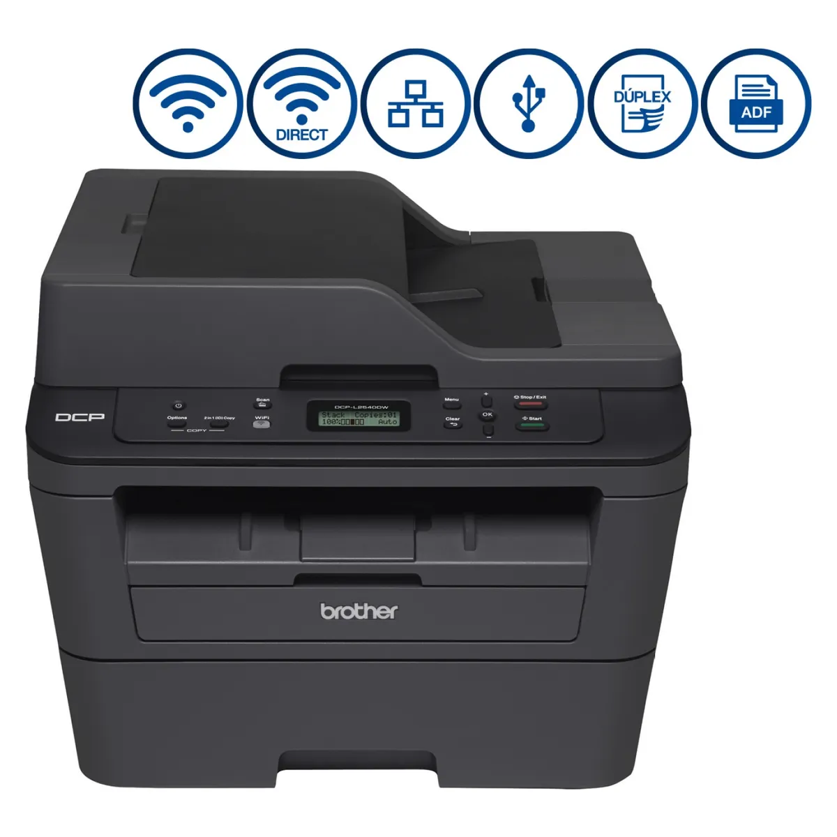 BROTHER - Impresora Multifuncional Láser DCPL2540DW Monocromatico WiFi Dúplex ADF Ethernet Brother