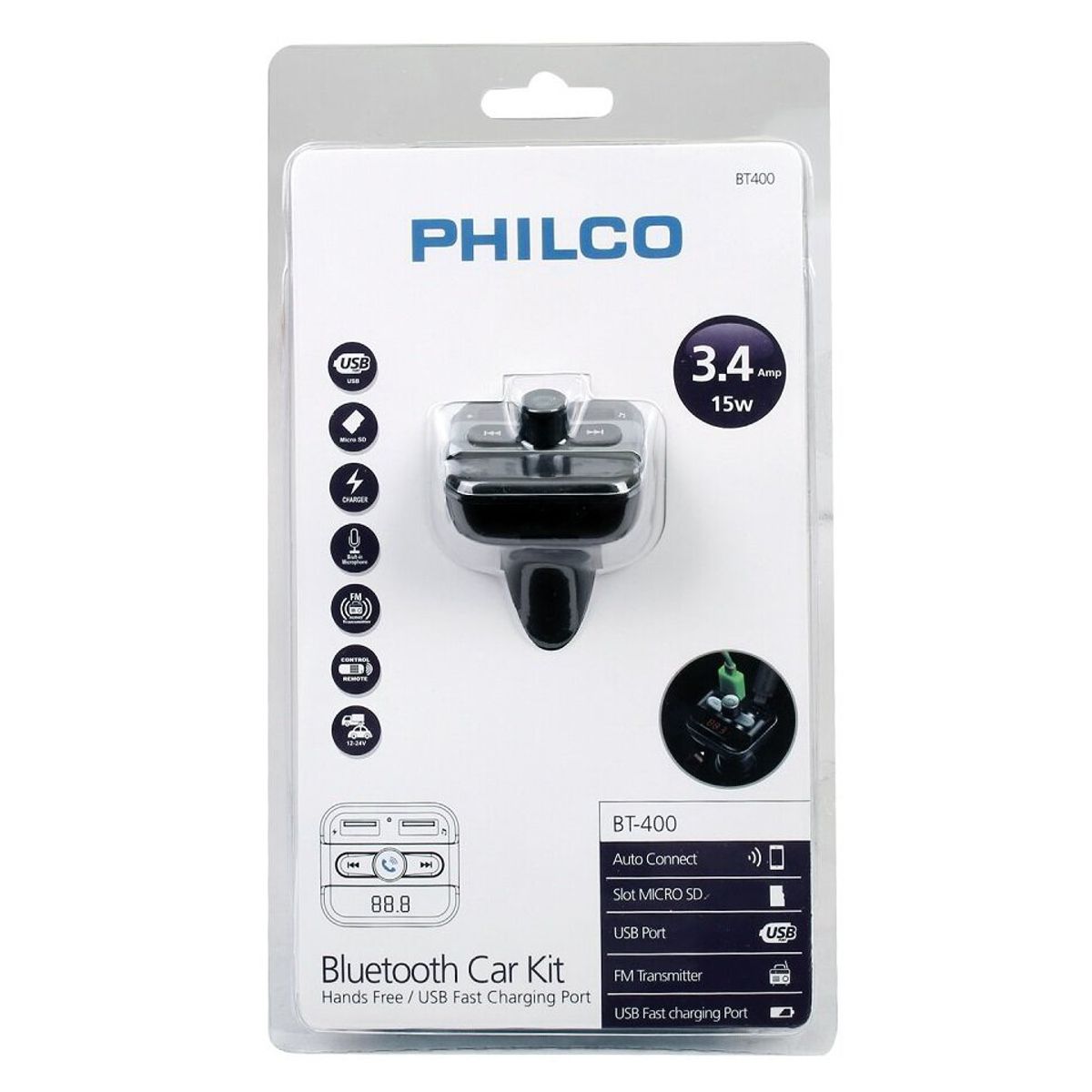 PHILCO - TRANSMISOR BLUETOOTH PUERTO USB / FM / SD BT400