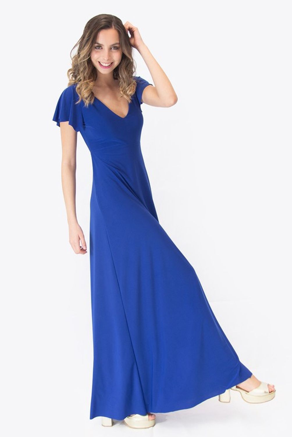 MARIA PASKARO - Vestido Largo Fiesta Mangas Azul