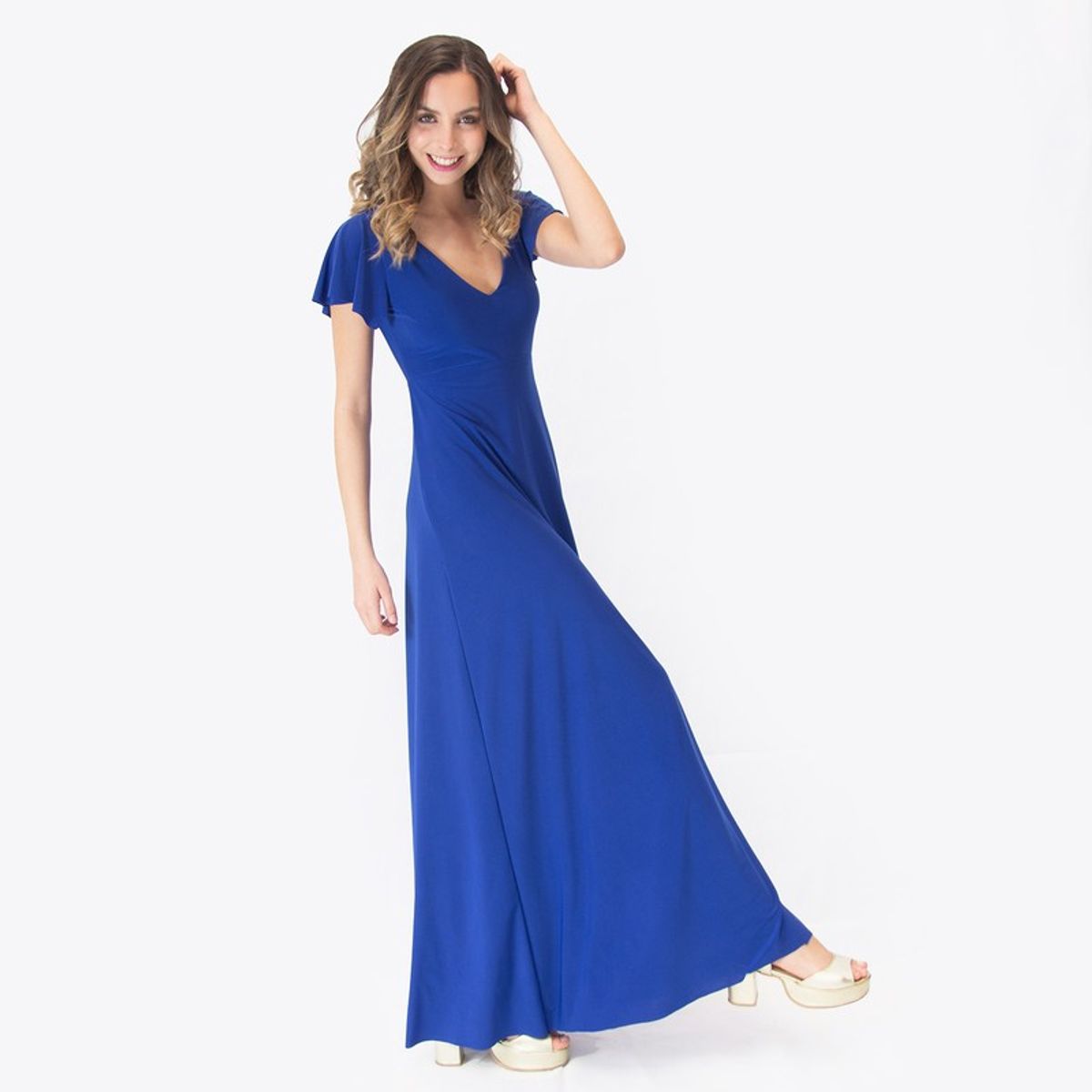 MARIA PASKARO - Vestido Largo Fiesta Mangas Azul