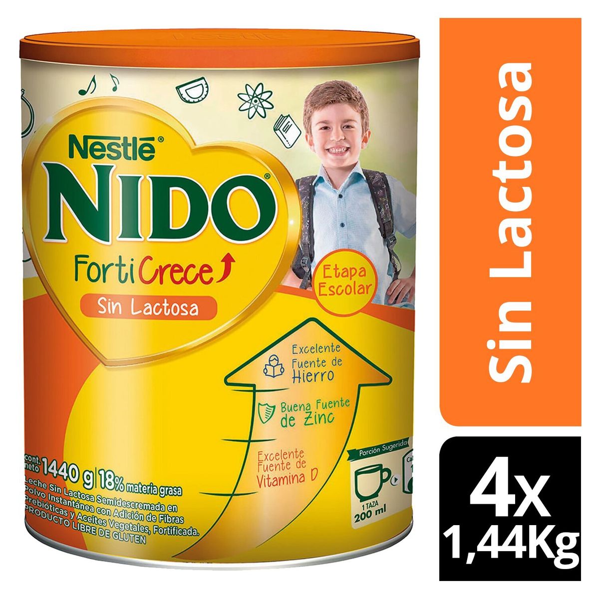 NIDO - Leche Nido Forticrece sin Lactosa 1.440G X4 Tarros
