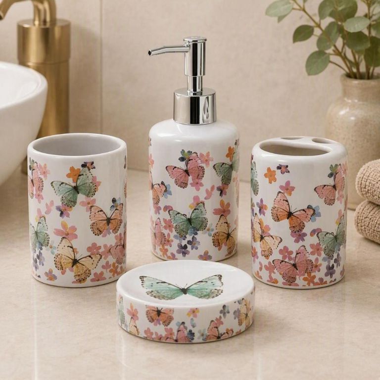 Set 4 Accesorios de Baño Mariposa Cerámica Blanca