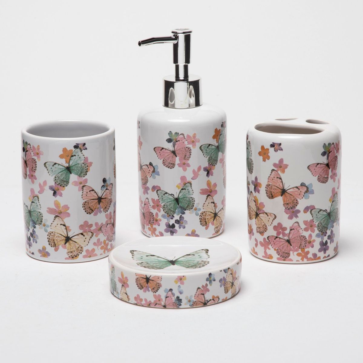 ROBERTA ALLEN - Set 4 Accesorios de Baño Mariposa Roberta Allen Cerámica Blanca