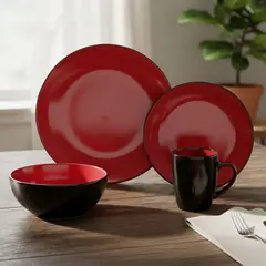 MICA - Juego De Vajilla 24 Piezas Cerámica Roja Y Negra Alexis
