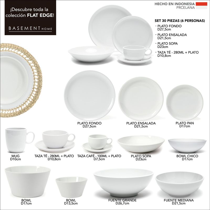 BASEMENT Juego de Vajilla 30 Piezas Flat Edge Porcelana Blanca